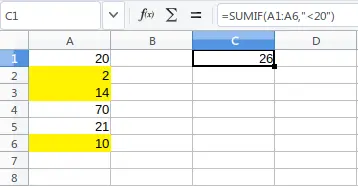 =SUMIF(A1:A6,"<20”)