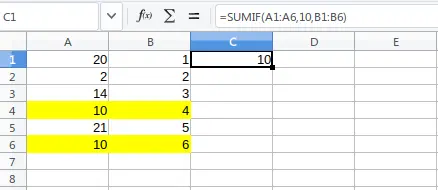 =SUMIF(A1:A6,10,B1:B6)