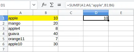 =SUMIF(A1:A6,"apple",B1:B6)