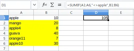 =SUMIF(A1:A6,"<>apple",B1:B6)