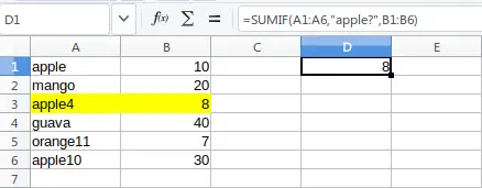 =SUMIF(A1:A6,"apple?",B1:B6)