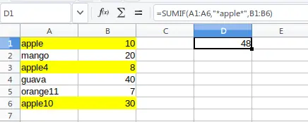 =SUMIF(A1:A6,"*apple*",B1:B6)