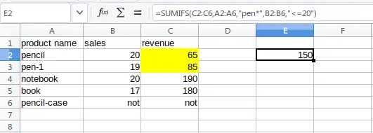 =SUMIFS(C2:C6,A2:A6,"pen*",B2:B6,"<=20")