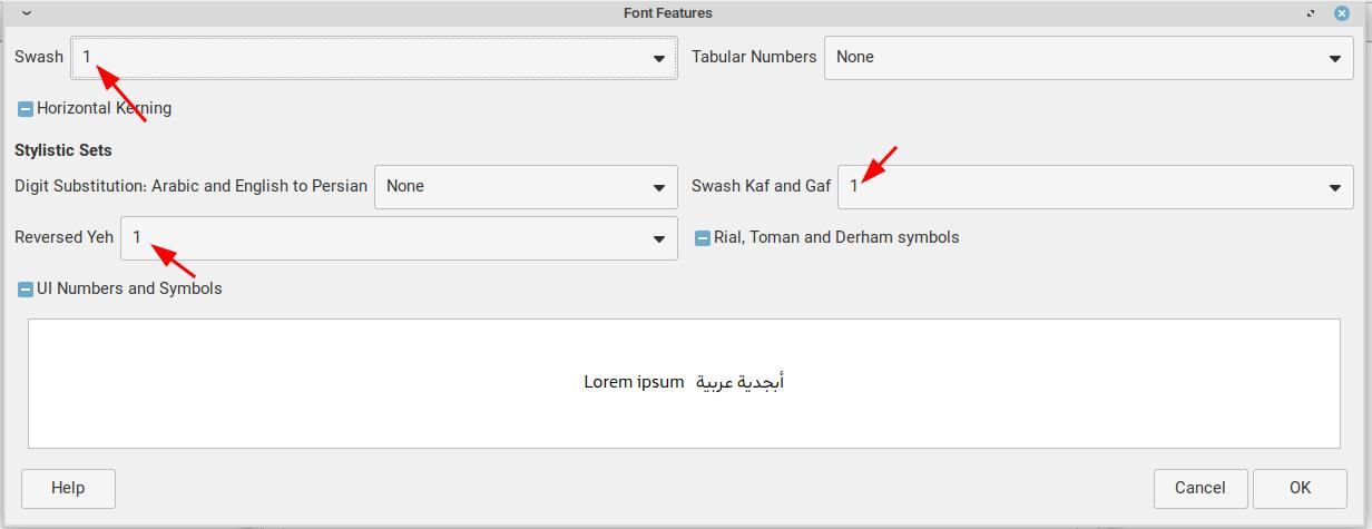 پنجرهٔ تنظیمات ویژگی‌های پیشرفتهٔ فونت
